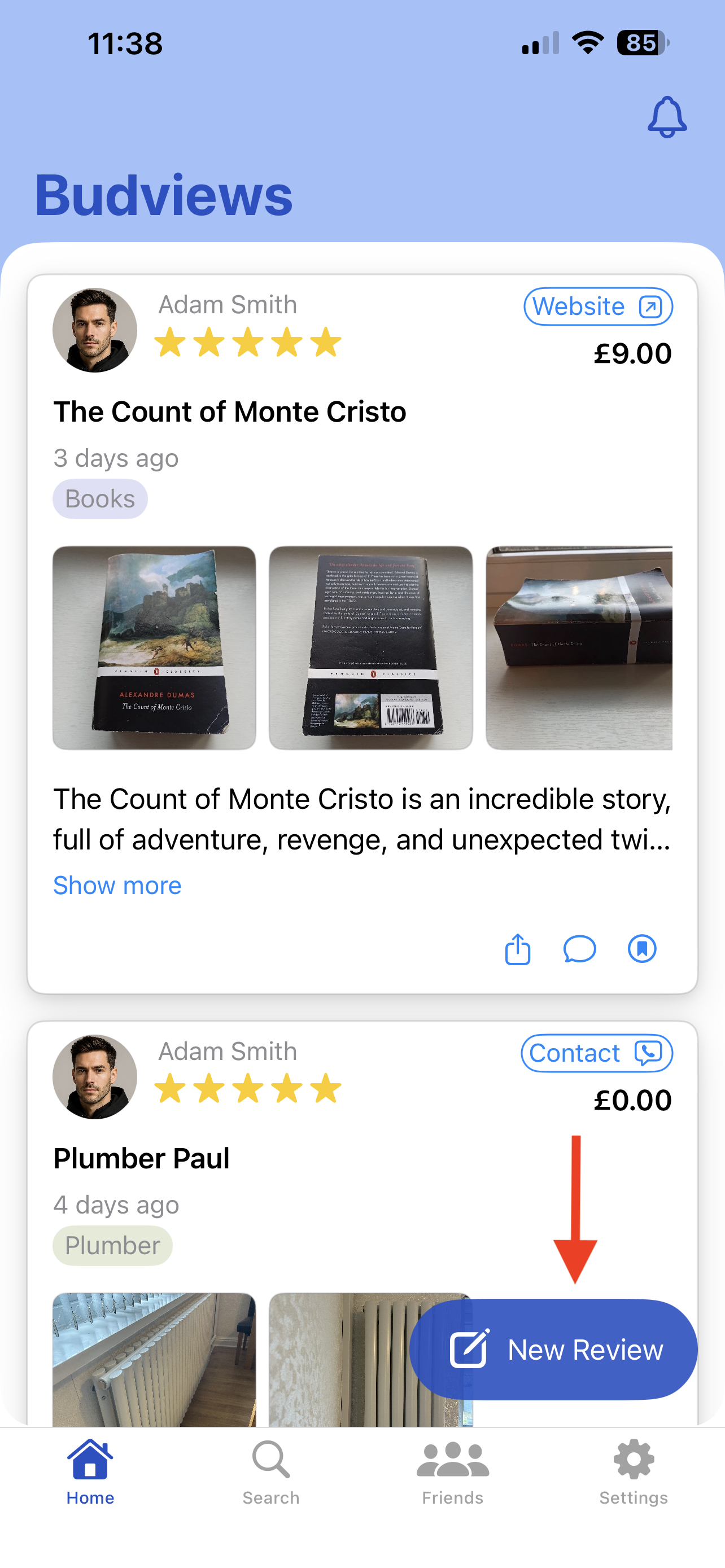 Home view showing the New Review floating button (partial view)